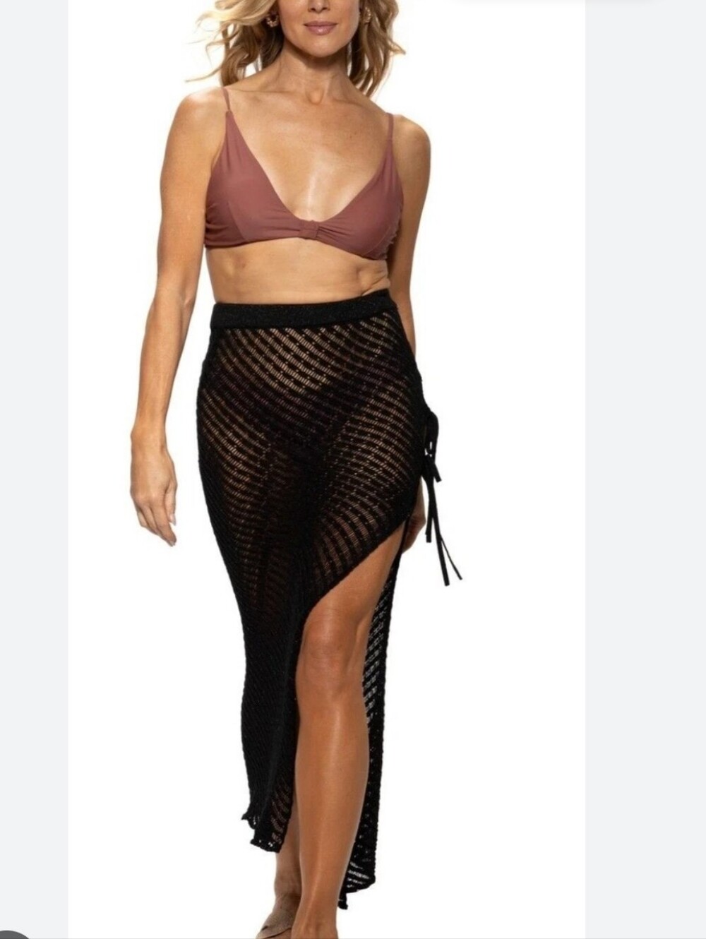 NWT Dottie Black Sheer Knit Midi Skirt Swim Cover Up Side Tie Women's Size Small